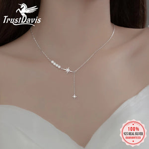 Trustdavis 925 Silver Pearl Star CZ Necklace for Women Wedding