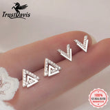 Trustdavis 925 Silver Triangle CZ Stud Earrings Wedding Fine Jewelry