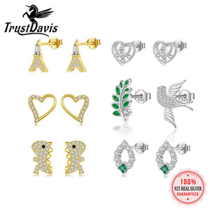 Trustdavis 925 Silver Tower Heart Dinosaur CZ Stud Earrings