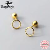 Trustdavis 925 Silver Screw Stud Earrings Hollow Round Minimalist Jewelry
