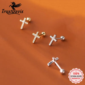 Trustdavis 925 Silver Sweet Cross CZ Stud Earrings
