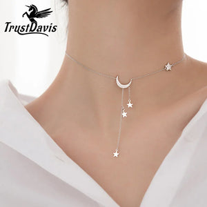 Trustdavis 925 Silver Star Moon Pendant Choker Necklace