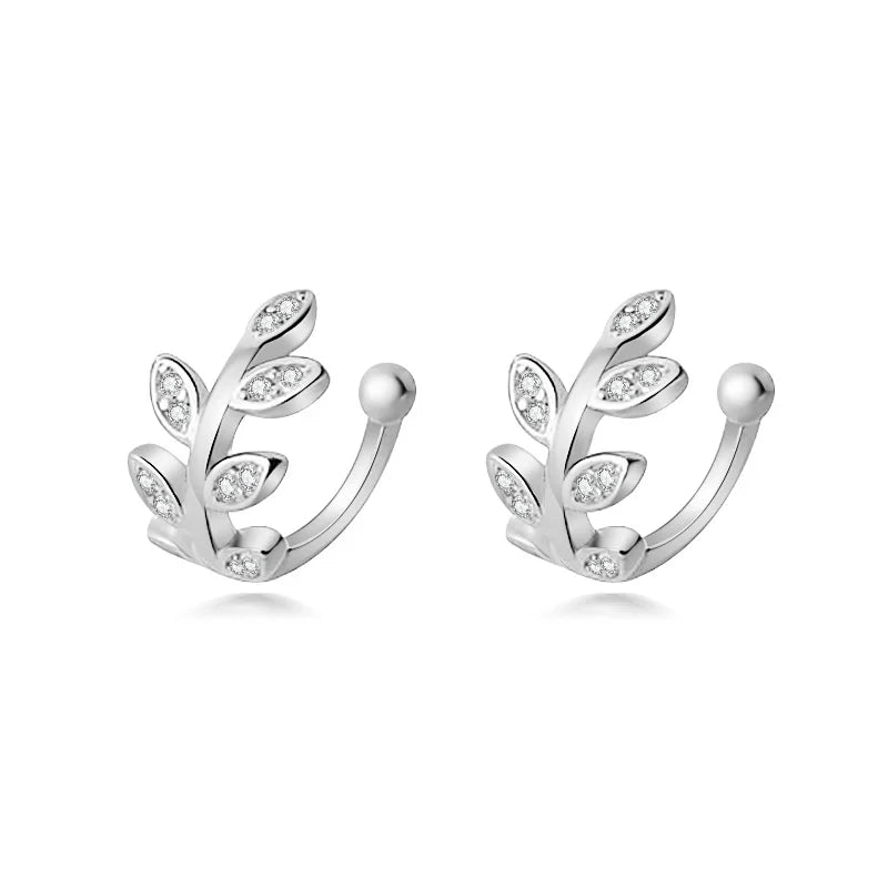 925 Sterling Silver Leaves CZ Ear Cuff Clip Earrings for Women