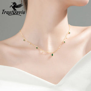 Trustdavis 925 Silver Sweet Square Green CZ Necklace For Women Wedding