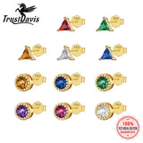 Trustdavis Silver CZ Triangle Round Stud Earrings For Women