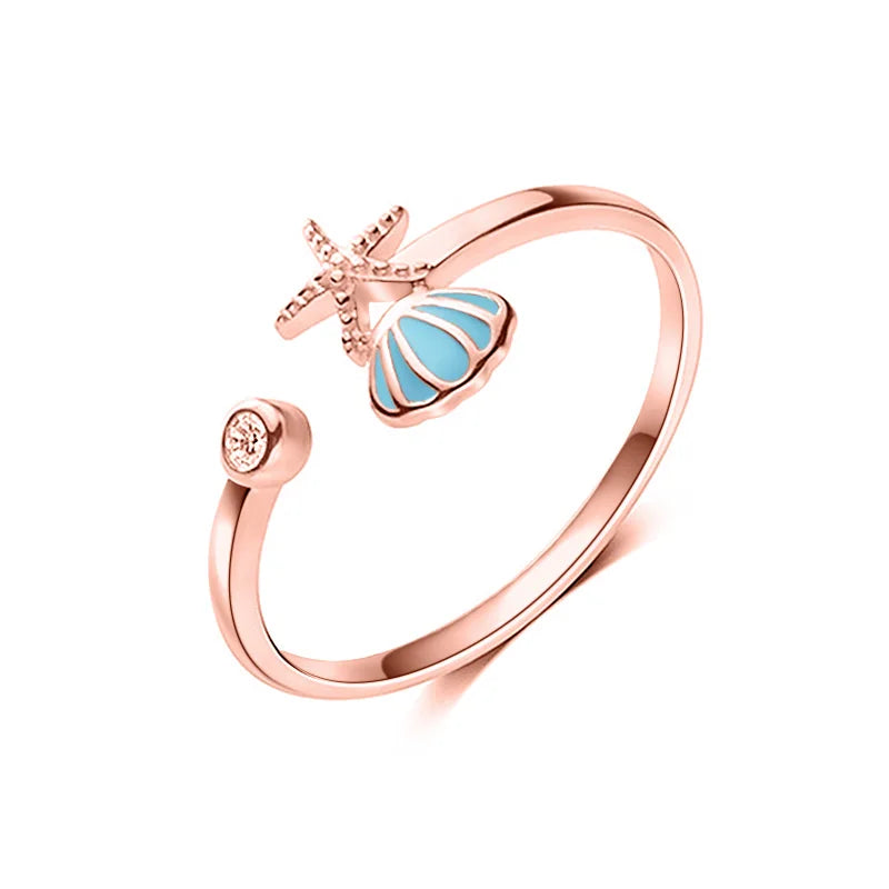 Trustsdavis 925 Silver Sea Shells Cocktail Opening Ring Women Wedding Jewelry