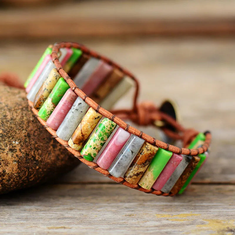 Tube Shape Howlite Leather Wrap Bracelet Bohemian Weaving Stone Strand