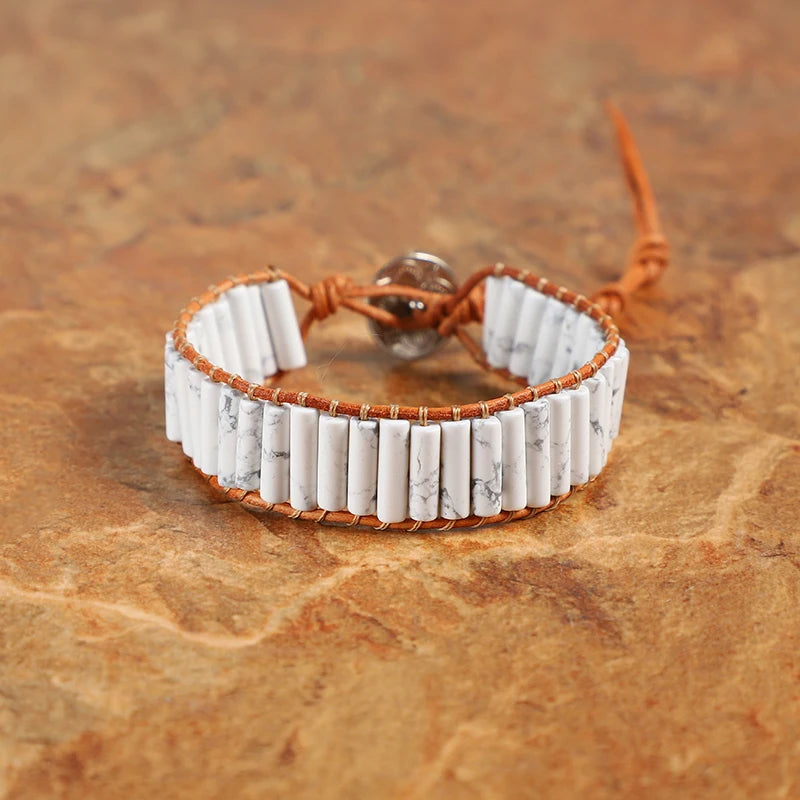 Howlite Leather Wrap Bracelet Bohemian Stone Strand