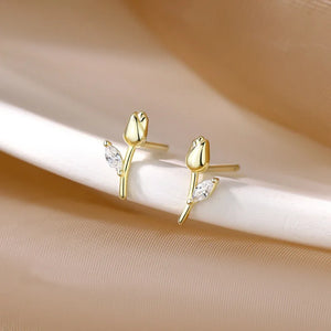Tulip Earrings 925 Silver Flower Stud Earrings Crystal Piercing Jewelry