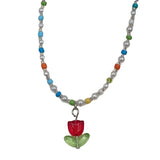 Tulip Flower Pendant Necklace Dainty Bead Chain Jewelry