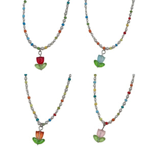 Tulip Flower Pendant Necklace Dainty Bead Chain Jewelry