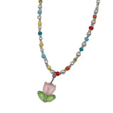 Tulip Flower Pendant Necklace Dainty Bead Chain Jewelry