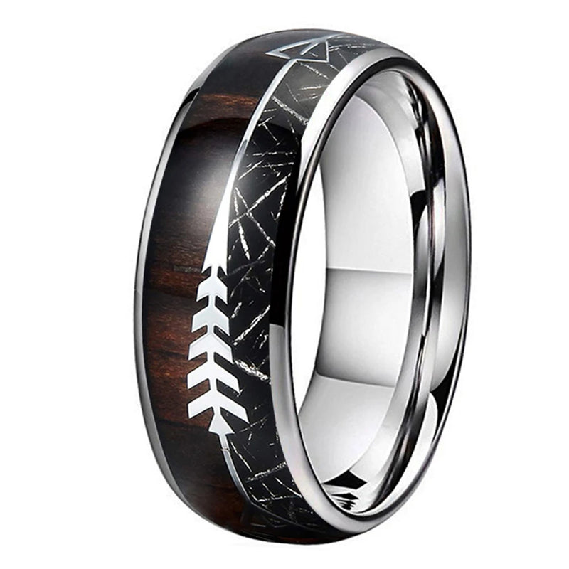 Tungsten Carbide 8mm Ring Wood Meteorite Inlay Polished Finish