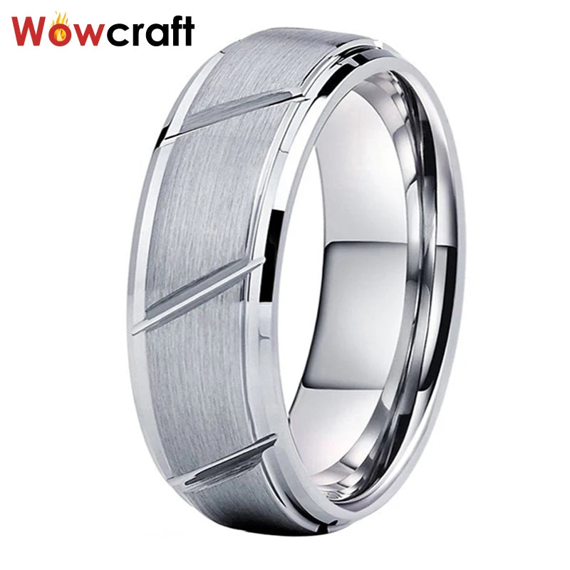 Tungsten Carbide Ring 8mm Matte Brushed Mens Wedding Band Grooved Beveled Edges