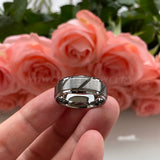Tungsten Carbide Ring 8mm Matte Brushed Mens Wedding Band Grooved Beveled Edges