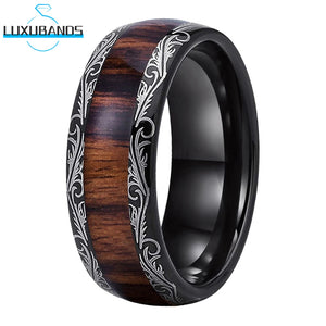 Tungsten Carbide Ring 8mm Wood Inlay Laser Edges Engagement Band