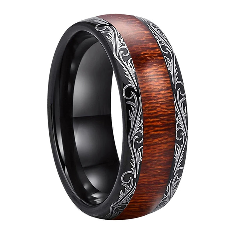 Tungsten Carbide Ring 8mm Wood Inlay Laser Edges Engagement Band