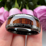 Tungsten Carbide Ring 8mm Wood Inlay Laser Edges Engagement Band