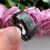 Tungsten Carbide Ring Stepped Edges Flat Multifaceted Hammered 8mm 6mm