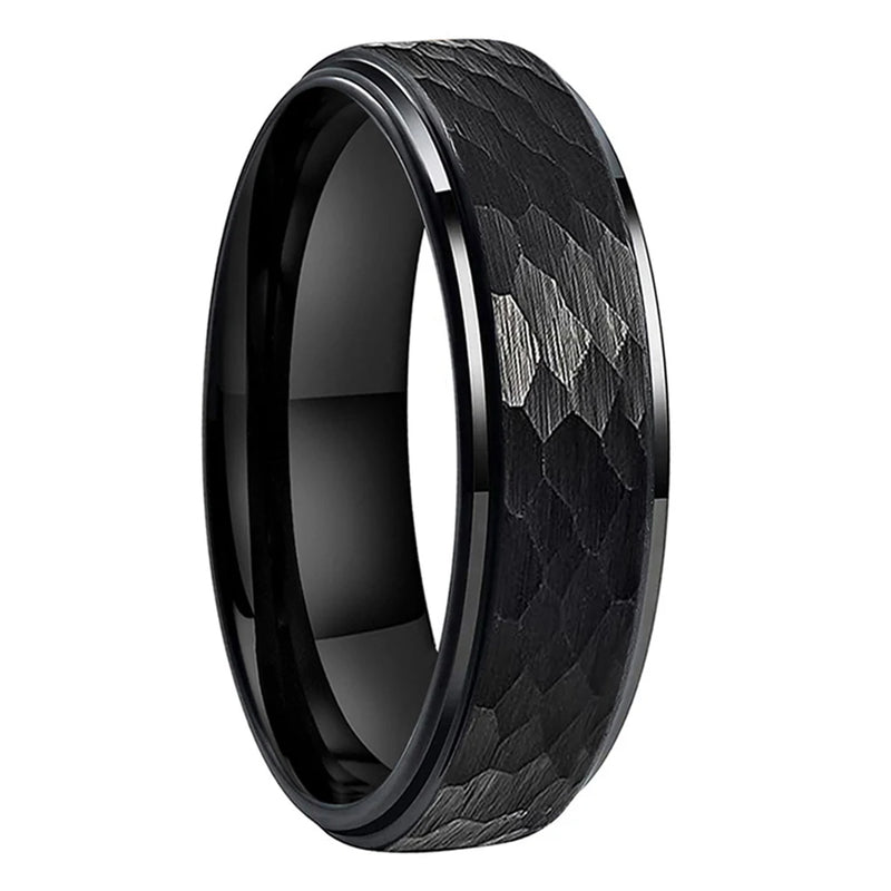 Tungsten Carbide Ring Stepped Edges Flat Multifaceted Hammered 8mm 6mm