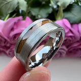 Tungsten Carbide Ring Whiskey Barrel Wood Inlay Engagement Brushed Finish