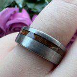 Tungsten Carbide Ring Whiskey Barrel Wood Inlay Engagement Brushed Finish