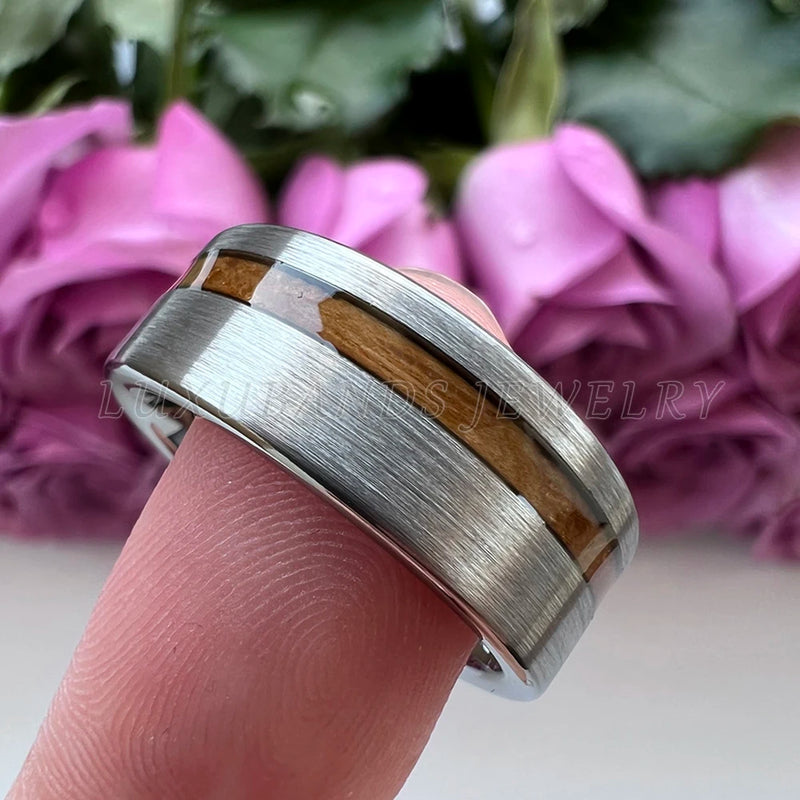 Tungsten Carbide Ring Whiskey Barrel Wood Inlay Engagement Brushed Finish