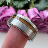 Tungsten Carbide Ring Whiskey Barrel Wood Inlay Engagement Brushed Finish