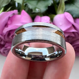 Tungsten Carbide Ring Whiskey Barrel Wood Inlay Engagement Brushed Finish