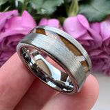 Tungsten Carbide Ring Whiskey Barrel Wood Inlay Engagement Brushed Finish
