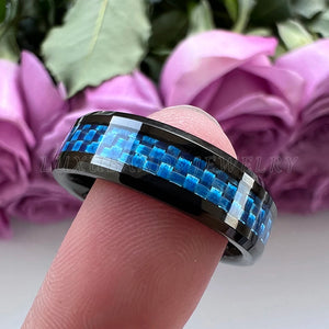 Tungsten Carbide Ring 6mm 8mm Carbon-Fiber Inlay Beveled Edges Comfort Fit