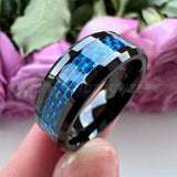 Tungsten Carbide Ring 6mm 8mm Carbon-Fiber Inlay Beveled Edges Comfort Fit