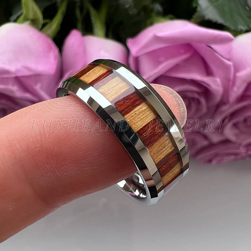 Tungsten Carbide Wood Inlay Engagement Band Beveled Edges