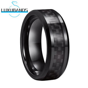 Tungsten Carbide Ring Beveled Edge Carbon-Fiber Inlay Polished Finish 8mm