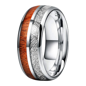 Tungsten Carbide Ring Meteorite Wood Inlay Polished Comfort Fit