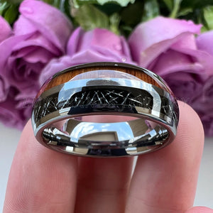 Tungsten Carbide Ring Meteorite Wood Inlay Polished Comfort Fit