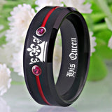 Tungsten Carbide His Queen Her King Ring with Red CZ