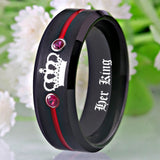 Tungsten Carbide His Queen Her King Ring with Red CZ