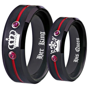 Tungsten Carbide His Queen Her King Ring with Red CZ