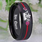 Tungsten Carbide His Queen Her King Ring with Red CZ