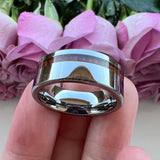 Tungsten Carbide Wedding Band Wood Flat Offset Grooved Polished Comfort Fit