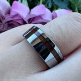 Tungsten Carbide Wedding Band Wood Flat Offset Grooved Polished Comfort Fit