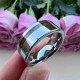 Tungsten Carbide Wedding Band Wood Flat Offset Grooved Polished Comfort Fit