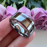 Tungsten Carbide Wedding Band Wood Flat Offset Grooved Polished Comfort Fit