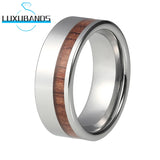 Tungsten Carbide Wedding Band Wood Flat Offset Grooved Polished Comfort Fit