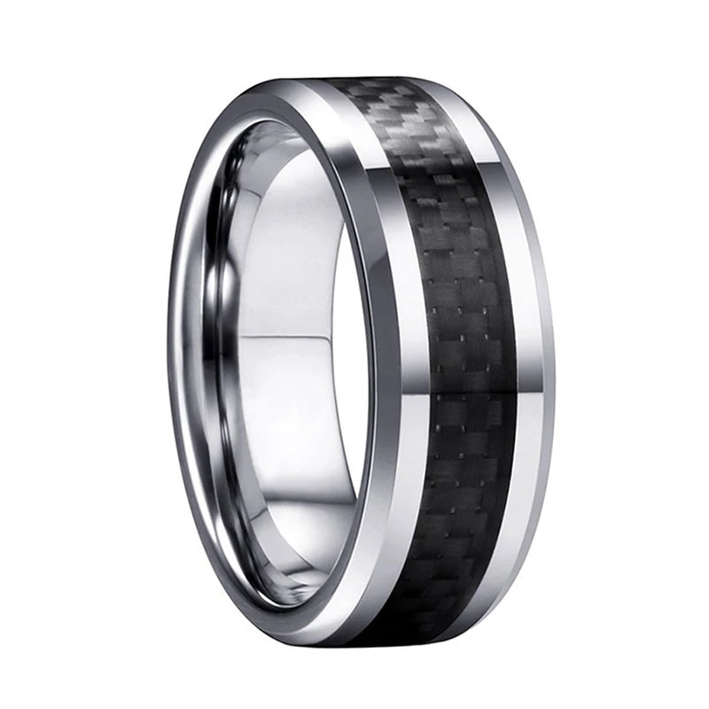Tungsten Carbide Rings Beveled Edges Carbon-Fiber Inlay Polished Finish