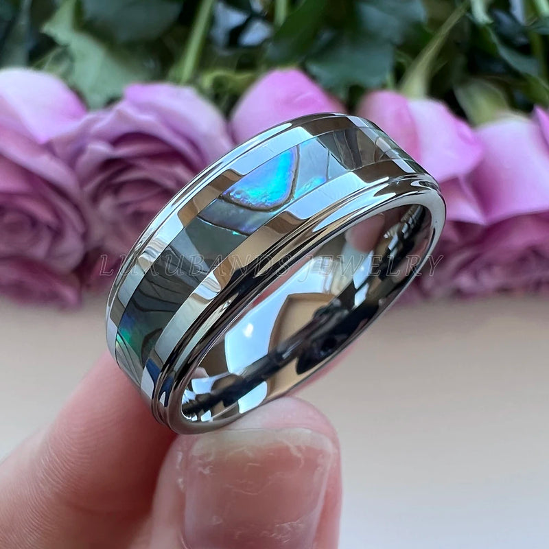 Tungsten Carbide Rings 8mm Abalone Shell Inlay Flat Band
