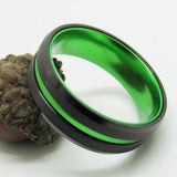 Beveled Tungsten Wedding Band Ring with Green Anodized Aluminum