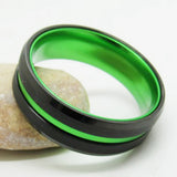 Beveled Tungsten Wedding Band Ring with Green Anodized Aluminum