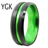 Beveled Tungsten Wedding Band Ring with Green Anodized Aluminum